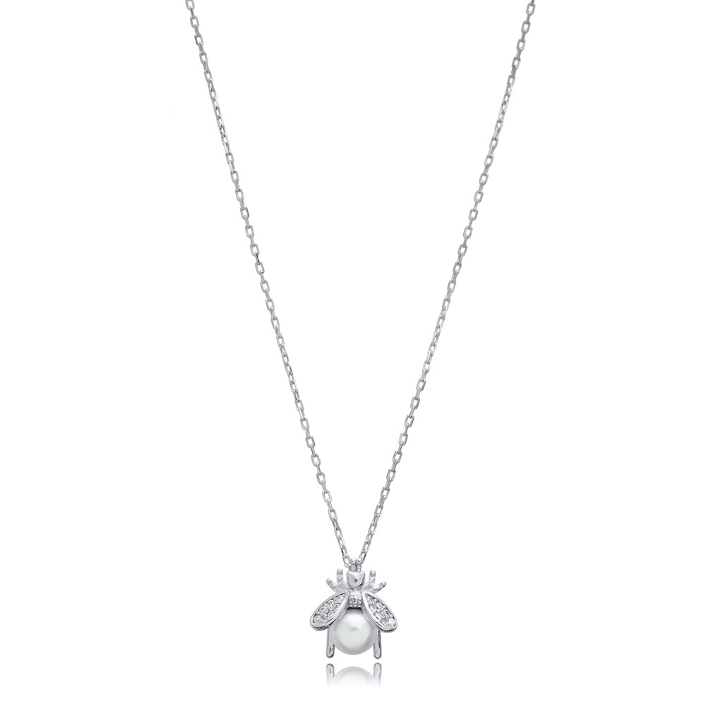 🔥 Price Dropped! 🐝 Bee Design Pearl Charm Necklace - 925 Sterling Silver